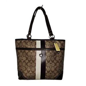 Coach Signature Heritage Stripe Canvas Leather Brown